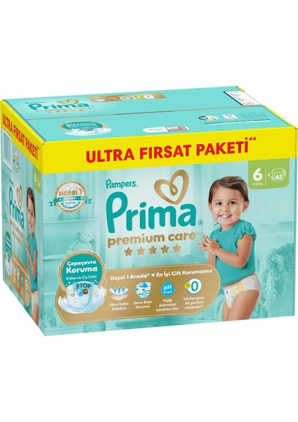 Bebek Bezi Premium Care 6 Numara 62 Adet Ultra Fırsat Paketi fiyatları