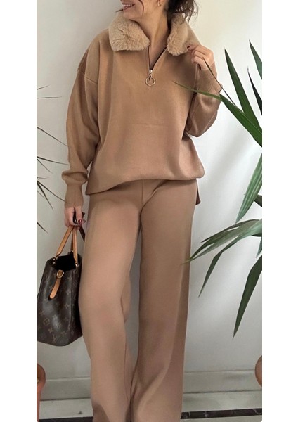 Kadın Kürklü Yaka Triko Takım