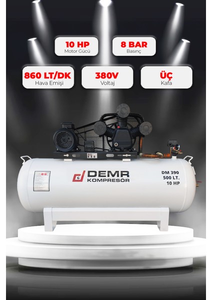 Hava Kompresörü Pistonlu 500 Lt 3 Kafa 8 Bar 10 Hp IDM390
