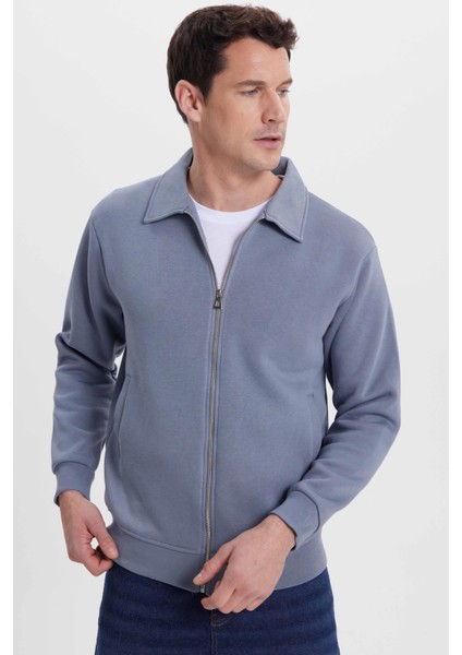 Unisex Relax Fit Rahat Kesim Pamuklu Iç Polarlı Fermuarlı Gri Polo Yaka Flato Cepli Sweatshirt Hırka