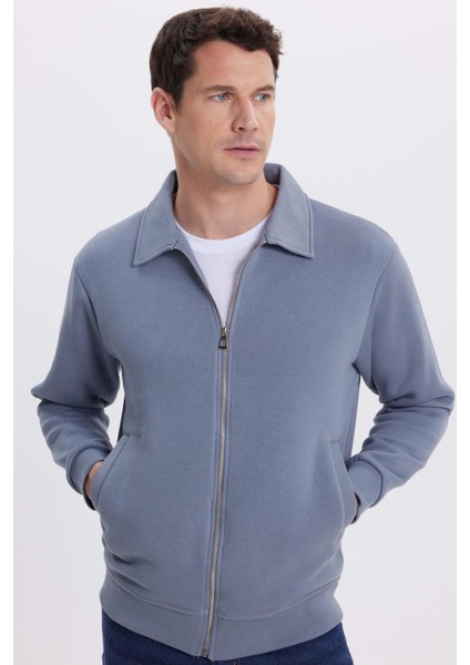 Unisex Relax Fit Rahat Kesim Pamuklu Iç Polarlı Fermuarlı Gri Polo Yaka Flato Cepli Sweatshirt Hırka fiyatları
