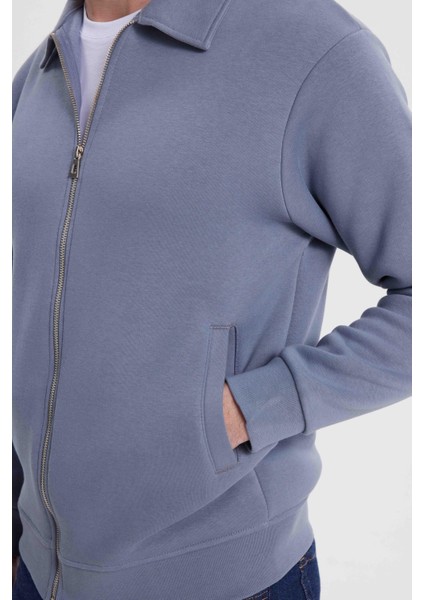 Unisex Relax Fit Rahat Kesim Pamuklu Iç Polarlı Fermuarlı Gri Polo Yaka Flato Cepli Sweatshirt Hırka modelleri