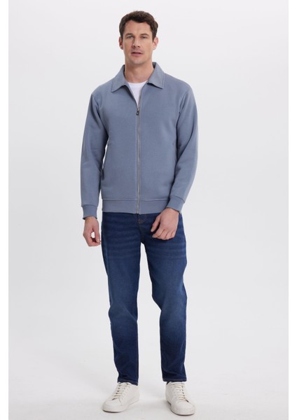 Unisex Relax Fit Rahat Kesim Pamuklu Iç Polarlı Fermuarlı Gri Polo Yaka Flato Cepli Sweatshirt Hırka fırsatları