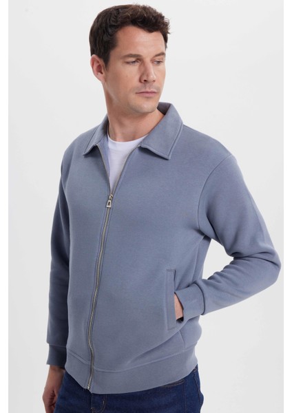 Unisex Relax Fit Rahat Kesim Pamuklu Iç Polarlı Fermuarlı Gri Polo Yaka Flato Cepli Sweatshirt Hırka indirimleri
