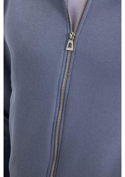 Unisex Relax Fit Rahat Kesim Pamuklu Iç Polarlı Fermuarlı Gri Polo Yaka Flato Cepli Sweatshirt Hırka