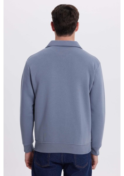 Unisex Relax Fit Rahat Kesim Pamuklu Iç Polarlı Fermuarlı Gri Polo Yaka Flato Cepli Sweatshirt Hırka