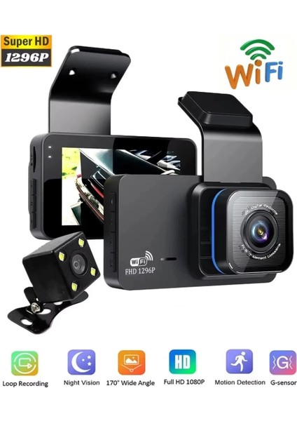 Araç Içi Kamera Wifi Özellikli Ekranlı Ön ve Geri Görüş Kameralı Mikrofonlu 3 Inç Hd