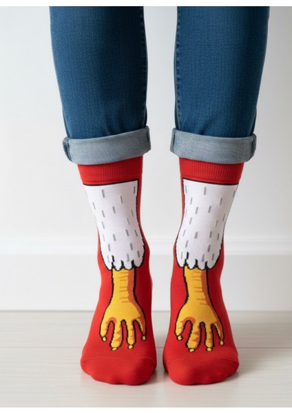 Kuş Ayağı Desenli Unisex Soket Çorap (1 Çift) – Eğlenceli Funny Socks Premium Kırmızı fiyatları