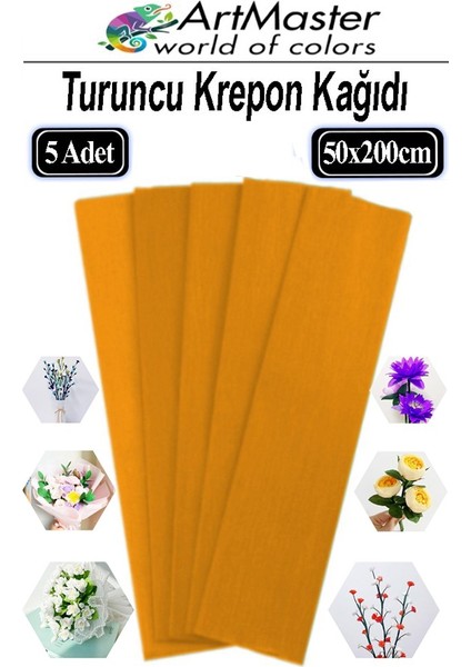 Krapon Kağıdı Turuncu Renk 5 Adet 50X200 cm Grapon Kağıdı 5'li Okul Proje Sınıf Anaokulu Kreş Süsleme