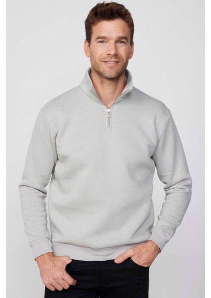 Unisex Relax Fit Rahat Kesim Pamuklu Içi Polarlı Yarım Fermuarlı Taş Dik Yaka Sweatshirt