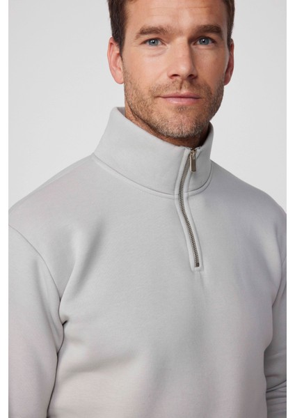 Unisex Relax Fit Rahat Kesim Pamuklu Içi Polarlı Yarım Fermuarlı Taş Dik Yaka Sweatshirt fiyatları