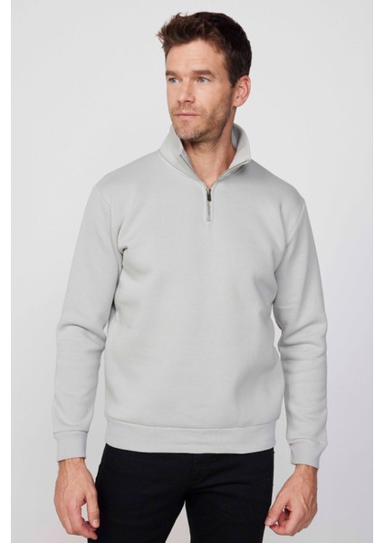 Unisex Relax Fit Rahat Kesim Pamuklu Içi Polarlı Yarım Fermuarlı Taş Dik Yaka Sweatshirt fırsatları