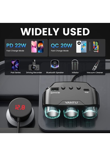 Yantu Qc3 0 120W 12V/24V 3 -Soket -Cigarette Çakmak Sericisi Dc Dc Outlet Adaptörü 3 USB Araç Şarj Cihazı LED Voltaj Ekranı ile (Yurt Dışından) modelleri