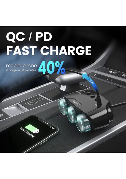 Yantu Qc3 0 120W 12V/24V 3 -Soket -Cigarette Çakmak Sericisi Dc Dc Outlet Adaptörü 3 USB Araç Şarj Cihazı LED Voltaj Ekranı ile (Yurt Dışından) fırsatları