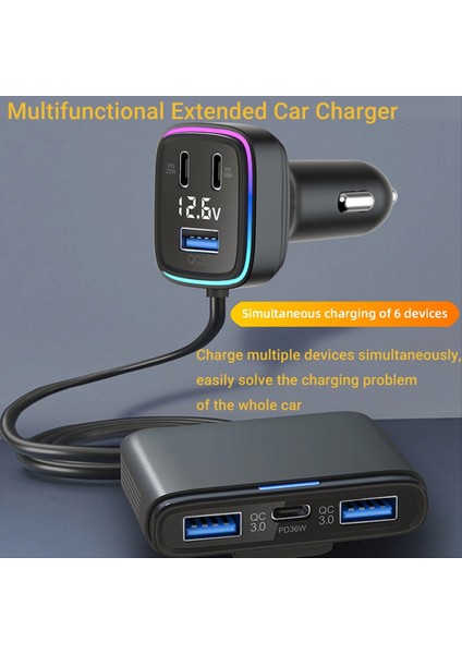 Araba Şarj Cihazı Adaptörü Çok Verimli Şarj Cihazı 6-Portlu Araba Telefonu Adaptör Voltajı Ekranı Pd+Qc3 0 Usb+Tip C (Yurt Dışından) modelleri