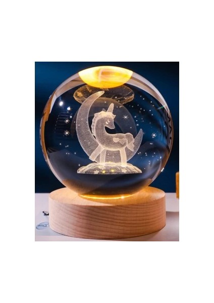 Dekoratif Ay Içinde Unicorn Tasarımlı Ahşap Altlıklı Işıklı Cam Küre Cam:8cm Ahşap:2cm B