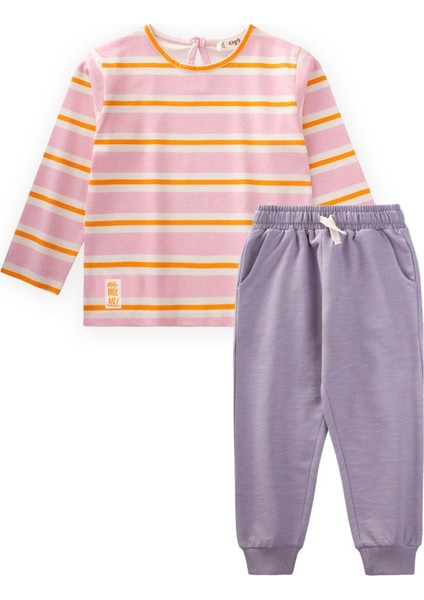 Çizgili Uzun Kollu T-Shırt Takım 2-12 Yaş Pembe Turuncu Çizgili fırsatları