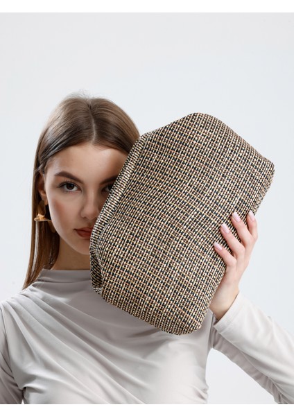 Kadın Çizgili Jüt Hasır Clutch El Çantası