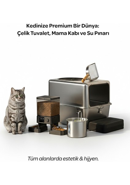 CleanSteel Premium Hijyen Seti – Paslanmaz Çelik Kedi Tuvaleti + Zaman Ayarlı Otomatik İkili Mama Kabı + 2L Su Pınarı