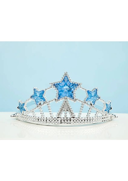 Mavi Yıldız Taşlı Plastik Kraliçe Prenses Elsa Tacı Çocuk Boy