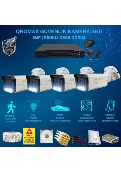 4 Kameralı Set - Yapay Zeka Özellikli İnsan Yüz Araç Tanımalı Gece Renkli Gösteren 5 MP SONY Lensli 4 Warm Ledli FULLHD Güvenlik Kamerası Seti 3404W-114