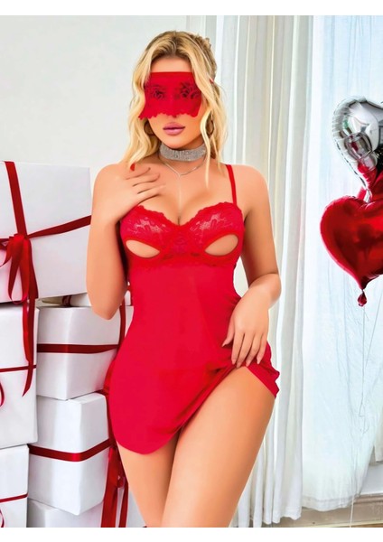 Arias Closet Kırmızı Göğüs Dekolteli Göz Bantlı Fantezi String Tül Gecelik Takımı fırsatları
