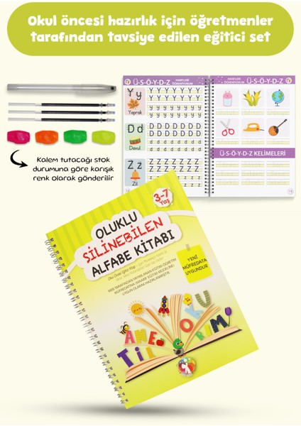 Oluklu Silinebilen Alfabe Yazı Kitabı | Kabartmalı Yaz-Sil Eğitim Kitabı, Sihirli Kalemli, Okul Öncesi Harf Öğrenme, 3–6 Yaş