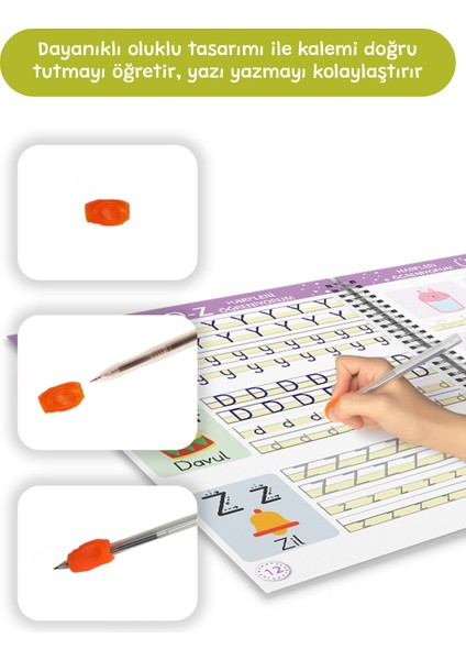 Oluklu Silinebilen Alfabe Yazı Kitabı | Kabartmalı Yaz-Sil Eğitim Kitabı, Sihirli Kalemli, Okul Öncesi Harf Öğrenme, 3–6 Yaş