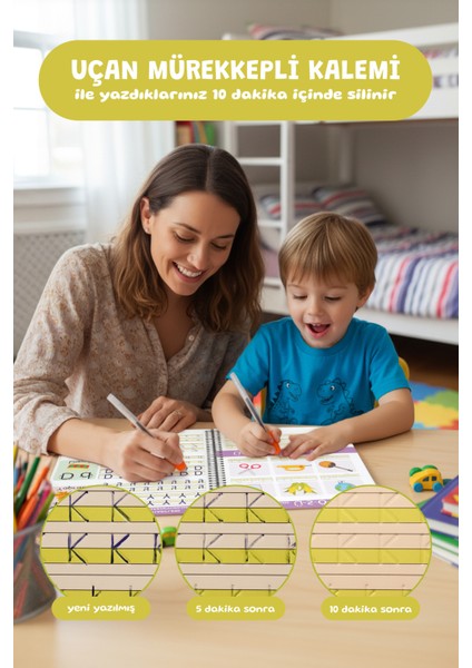Oluklu Silinebilen Alfabe Yazı Kitabı | Kabartmalı Yaz-Sil Eğitim Kitabı, Sihirli Kalemli, Okul Öncesi Harf Öğrenme, 3–6 Yaş