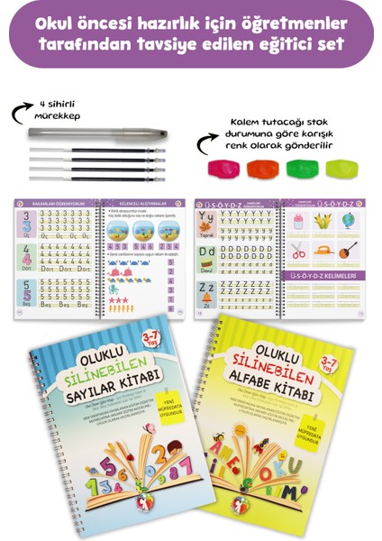 Oluklu Silinebilen Yazı Kitabı Seti (Alfabe + Sayılar) | Kabartmalı Yaz-Sil Eğitim Seti, Sihirli Kalemli, Okul Öncesi Harf ve Rakam Öğrenme, 3–7 Yaş