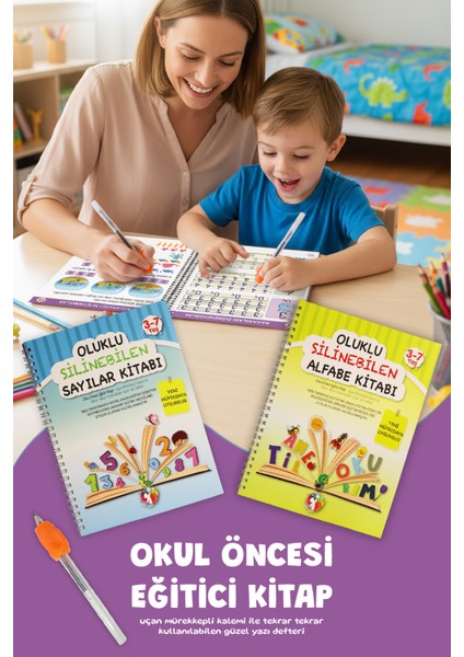 Oluklu Silinebilen Yazı Kitabı Seti (Alfabe + Sayılar) | Kabartmalı Yaz-Sil Eğitim Seti, Sihirli Kalemli, Okul Öncesi Harf ve Rakam Öğrenme, 3–7 Yaş fırsatları