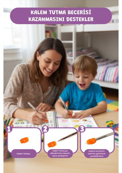 Oluklu Silinebilen Yazı Kitabı Seti (Alfabe + Sayılar) | Kabartmalı Yaz-Sil Eğitim Seti, Sihirli Kalemli, Okul Öncesi Harf ve Rakam Öğrenme, 3–7 Yaş