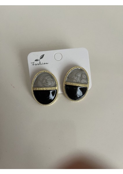 Oval Taş Detaylı Küpe – Gold Çerçeveli Gri & Siyah Şık Tasarım, Zarif Günlük ve Özel Gün Kadın Küpe