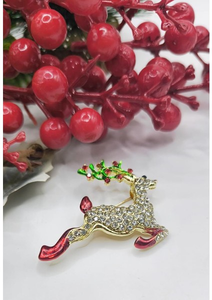 Taşlı Yılbaşı Geyik Broş – Işıltılı Noel Temalı Gold Renk Broş