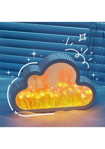 Bulut-Mirror Gece Işık El Yapımı Diy Lale Kız Oturma Odası Gece Işık Küçük Ayna Masaüstü Işık Yayan Süsler-A (Yurt Dışından)