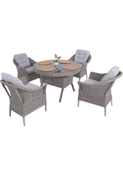 Spark Nova 110 cm Rattan Yuvarlak Minderli Bahçe Masa Takımı