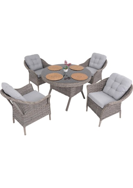 Spark Nova 110 cm Rattan Yuvarlak Minderli Bahçe Masa Takımı
