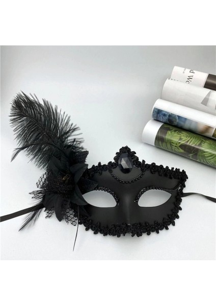 Siyah Mat Renk Yandan Tüylü Güllü Parti Balo Venedik Maskesi 16X22