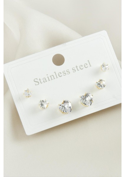 6 Adet Kalp Zirkon Taşlı Çelik Küpe