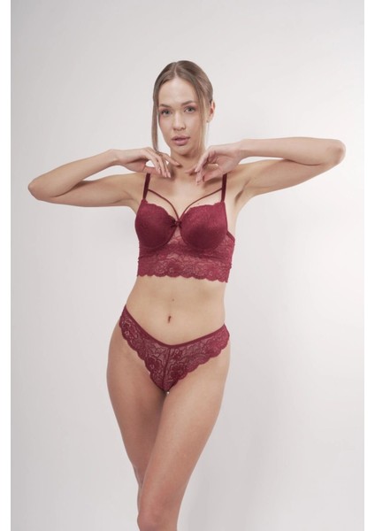 Destekli Dantelli Göğüs Arası Ipli Sütyenli Brazilian Bordo Takım