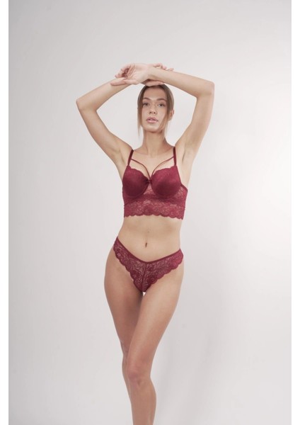 Destekli Dantelli Göğüs Arası Ipli Sütyenli Brazilian Bordo Takım fiyatları