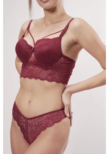 Destekli Dantelli Göğüs Arası Ipli Sütyenli Brazilian Bordo Takım modelleri