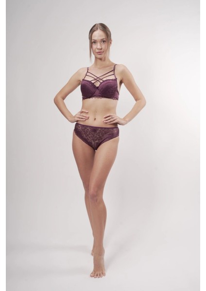 Destekli Dantelli Göğüs Arası Ipli Sütyenli Brazilian Mürdüm Takım