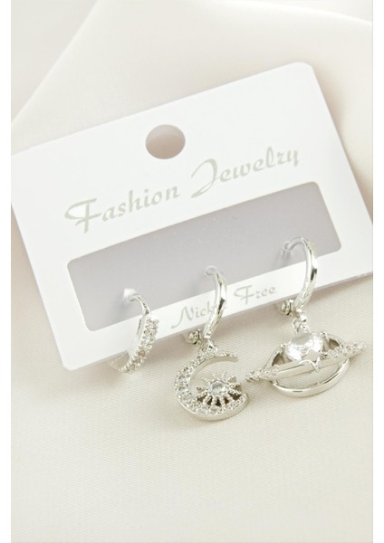 3 Adet Hilal Yıldız Zirkon Taşlı Küpe