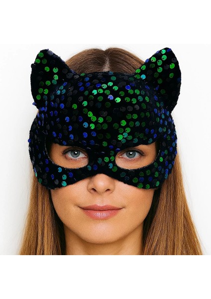 Siyah Kadife Kumaş Üzerine Mavi Yeşil Payetli Pullu Parti Maskesi 16X14 cm