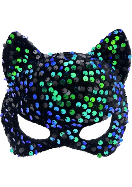 Siyah Kadife Kumaş Üzerine Mavi Yeşil Payetli Pullu Parti Maskesi 16X14 cm modelleri