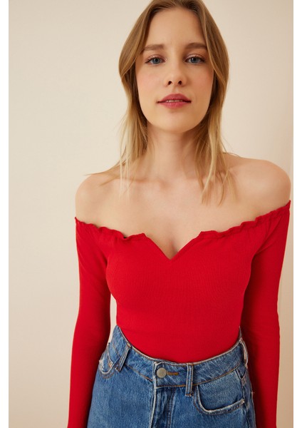 Büzgülü Yaka Crop Örme Bluz Gt LAH0002 Kırmızı