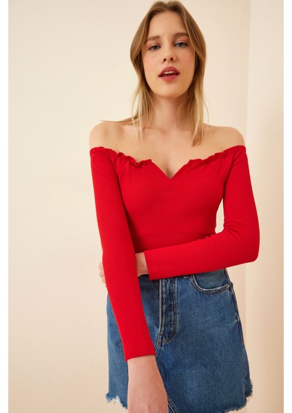 Büzgülü Yaka Crop Örme Bluz Gt LAH0002 Kırmızı fiyatları