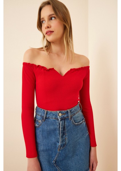 Büzgülü Yaka Crop Örme Bluz Gt LAH0002 Kırmızı modelleri
