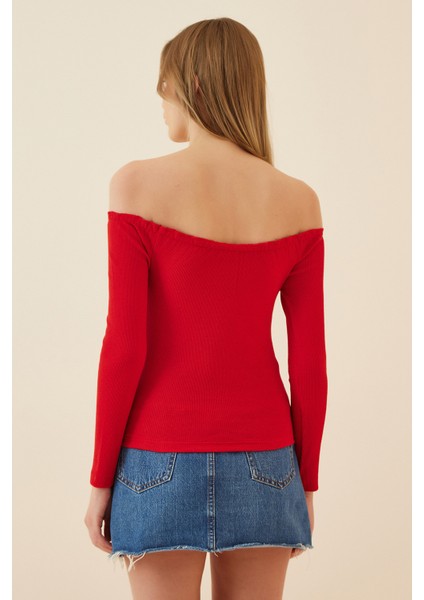 Büzgülü Yaka Crop Örme Bluz Gt LAH0002 Kırmızı fırsatları